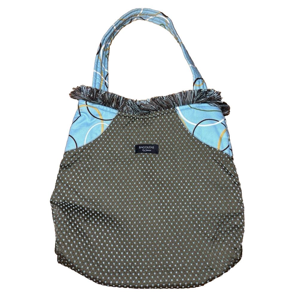 Bagolitas by Janice Brown Polka Dot Shoulder Bag Brown & Light Blue Fringe Trim